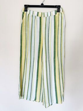 Wonderly Women Large Striped Yellow Pull-On Pants Wide Leg Linen-Blend